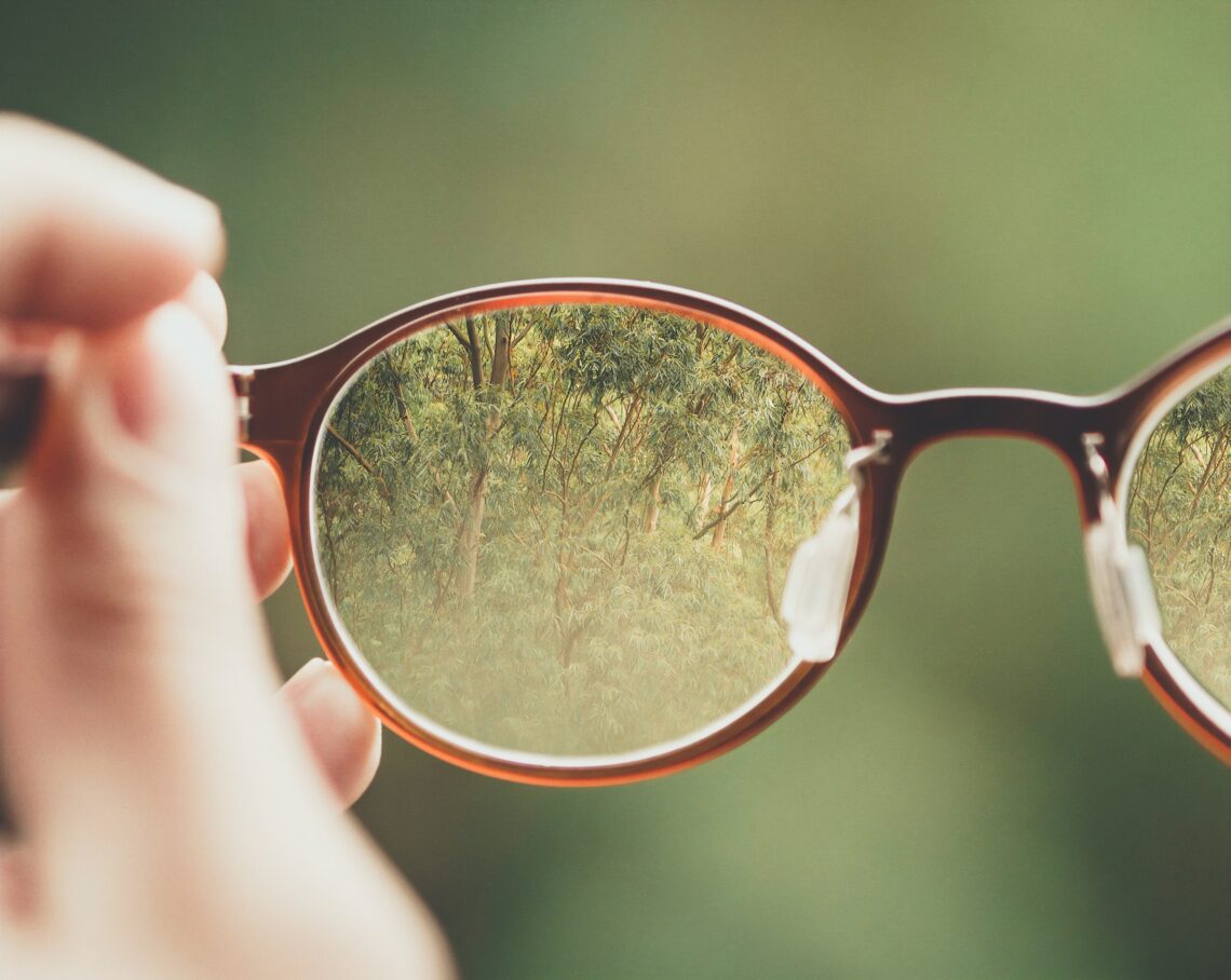 una mano regge un paio di occhiali: nella lente si riflettono gli alberi